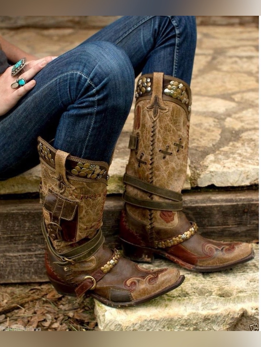 Double D Ranch Brown Distressed Leather Heeled Boots with Brass Studs
